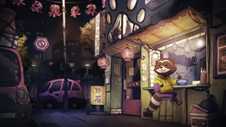 HD fantasy wallpaper featuring a fox character dining at a cozy food stall in a vibrant, lantern-lit street at night.