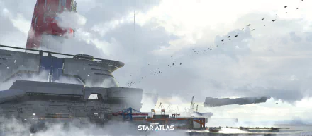 HD desktop wallpaper featuring a Star Atlas futuristic spaceship dock with cloudy sky background.
