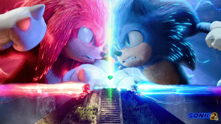HD PC desktop wallpaper featuring Knuckles the Echidna and Sonic the Hedgehog from the Sonic the Hedgehog 2 movie in an intense standoff with glowing energy effects.