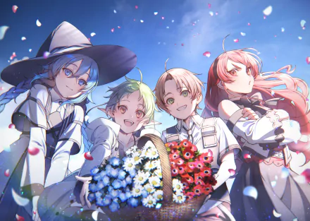 HD desktop wallpaper featuring Sylphiette, Roxy Migurdia, Eris Boreas Greyrat, and Rudeus Greyrat from the anime Mushoku Tensei: Jobless Reincarnation under a bright blue sky.