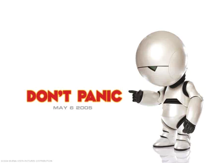 HD desktop wallpaper featuring Marvin from The Hitchhiker's Guide to the Galaxy, with the text DON'T PANIC and the release date May 6, 2005.
