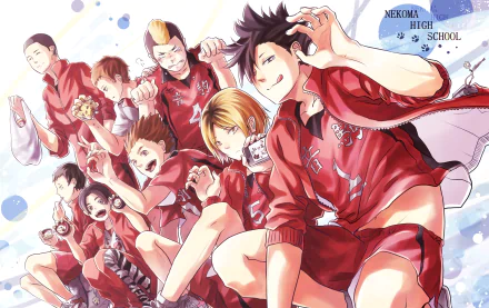 HD PC desktop wallpaper featuring Nekoma High volleyball team characters Lev Haiba, Yūki Shibayama, Sō Inuoka, Tetsurō Kuroo, Morisuke Yaku, Taketora Yamamoto, and Kenma Kozume from Haikyū!!.