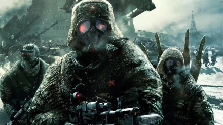 A striking HD desktop wallpaper from Tom Clancy's EndWar, featuring soldiers in winter gear with gas masks, standing amidst a dramatic, war-torn landscape.