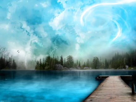 Dreamy world blending nature and artistic elements with a serene lake, misty forest, swirling sky, and a wooden dock in an HD PC desktop wallpaper and background.