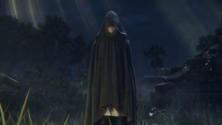 HD PC desktop wallpaper from the video game Elden Ring featuring a mysterious hooded figure standing in a dark, atmospheric forest setting.