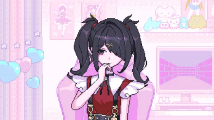 Ame-chan from Needy Girl Overdose video game in pixel-art HD PC desktop wallpaper: black twin-tail girl in red outfit poses in a pastel pink room with gaming PC and plushies.