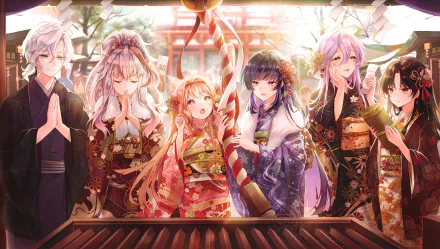 Illusion Connect video game HD PC wallpaper: Yuffie, Tiffany, Miyuki, Maki and Frantiva in ornate kimonos at a shrine offering box, bathed in warm festival light.