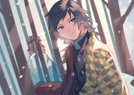 HD anime desktop wallpaper of Giyuu Tomioka and Sabito from Demon Slayer: Kimetsu no Yaiba, standing in a serene forest with muted colors and soft sunlight.