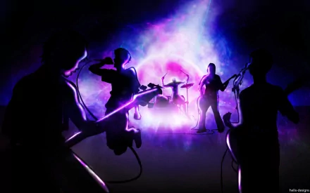 Silhouettes of a band performing on stage, set against vibrant cosmic colors, creating a dynamic backdrop. This is an HD PC desktop wallpaper inspired by the anime Beck.