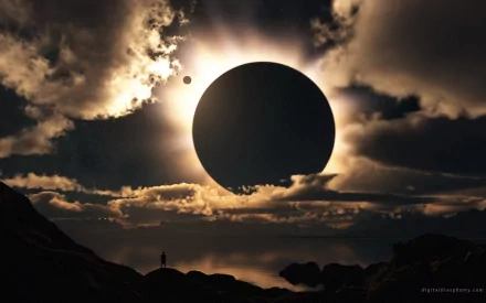 A breathtaking sci-fi HD desktop wallpaper featuring a dramatic moonlit landscape with a glowing eclipse, silhouetted clouds, and a lone figure gazing at the celestial event.