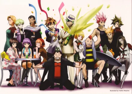HD PC desktop wallpaper and background featuring Black Cat (Anime) characters — anime group portrait of the colorful cast posing with confetti and ribbons.