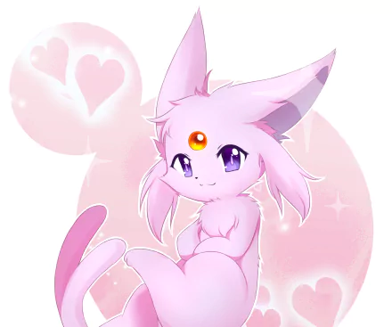 HD anime-style wallpaper of Espeon, the Psychic-type Pokémon, featuring soft pink hues and heart motifs, designed as a vibrant PC desktop background.