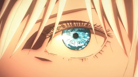 Close-up of Satoru Gojo’s striking blue eye from the anime Jujutsu Kaisen, rendered in high definition as a detailed PC desktop wallpaper background.