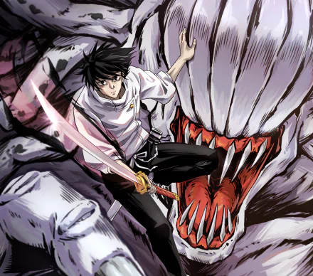 HD anime desktop wallpaper featuring Yuta Okkotsu from Jujutsu Kaisen 0, wielding a glowing sword while confronting a monstrous creature with sharp teeth.