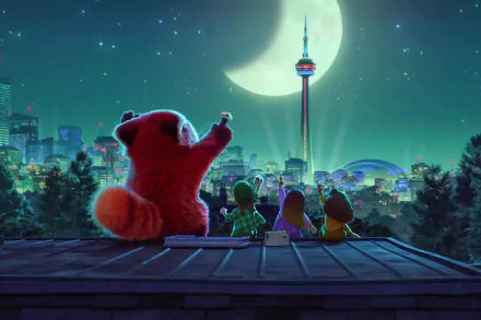 HD PC desktop wallpaper/background from the movie Turning Red: a giant red panda and friends sit on a rooftop gazing at the moonlit city skyline.