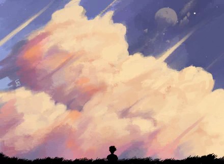 HD PC desktop wallpaper inspired by TommyInnit and the Dream SMP: video game fan art of a lone silhouette beneath sweeping pastel clouds.