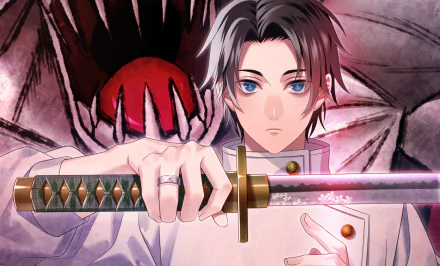 HD anime desktop wallpaper featuring Yuta Okkotsu from Jujutsu Kaisen holding a katana with a fierce cursed spirit in the background.