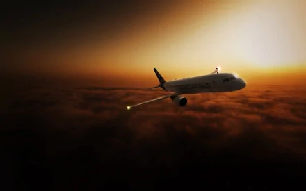 A stunning HD wallpaper featuring an Airbus A320 flying above the clouds at sunset, showcasing the beauty of aviation and the vibrant colors of the sky.