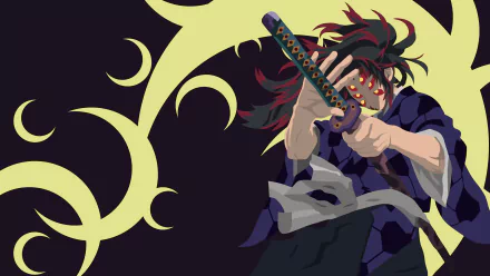 Minimalist 4K Ultra HD anime wallpaper featuring Kokushibo from Demon Slayer: Kimetsu no Yaiba wielding a katana against a dark, abstract background.
