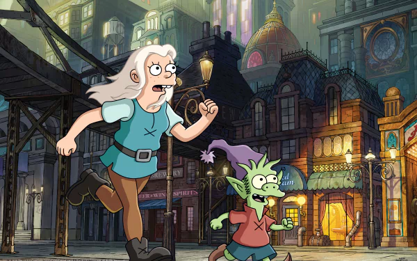 Elfo and Bean from the TV show Disenchantment run through a detailed medieval town at dusk in this vibrant 4K Ultra HD PC desktop wallpaper.
