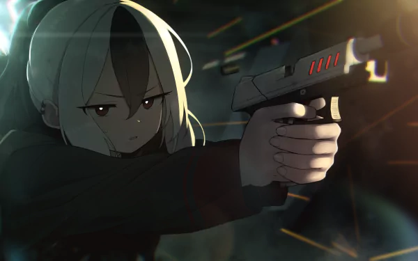 HD PC desktop wallpaper featuring Onikata Kayoko from the video game Blue Archive, aiming a pistol with intense focus in a dark, dramatic setting.