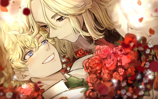 4K Ultra HD anime wallpaper featuring Mikey Manjiro Sano and Chifuyu Matsuno from Tokyo Revengers surrounded by glowing red roses and soft light effects.