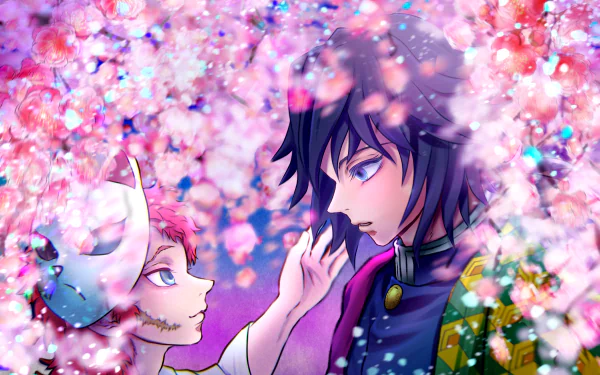 Giyuu Tomioka from Demon Slayer: Kimetsu no Yaiba beneath a shower of cherry blossoms, reaching toward a masked companion — 4K Ultra HD PC anime desktop wallpaper.