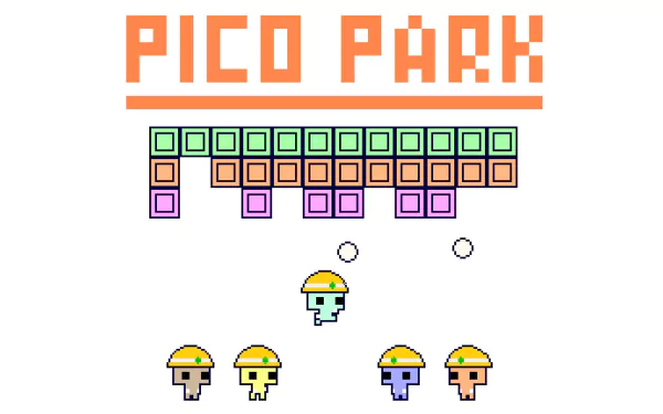 HD desktop wallpaper of the game PICO PARK featuring pixelated characters and colorful blocks against a plain background.