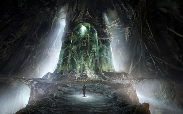An HD desktop wallpaper showing a dark cave illuminated with green light. A small figure stands in the foreground, facing a towering, mystical structure that resembles a monster.
