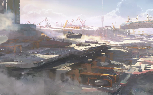 HD desktop wallpaper of Star Atlas futuristic spaceport concept art for sci-fi gaming background.