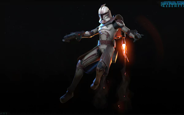 A dynamic HD desktop wallpaper featuring a clone trooper from the video game Star Wars - Redemption, showcasing action with blaster fire and a dramatic background.