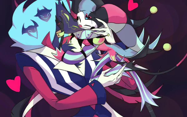 HD PC desktop wallpaper featuring Fizzarolli and Asmodeus from the TV show Helluva Boss in a vibrant, dynamic embrace surrounded by heart symbols.