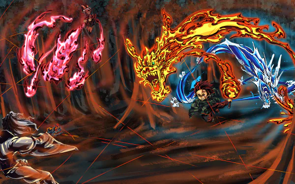 4K Ultra HD Demon Slayer: Kimetsu no Yaiba wallpaper featuring Tanjiro Kamado using Hinokami Kagura against Rui, with Nezuko Kamado supporting the battle in a fiery forest scene.