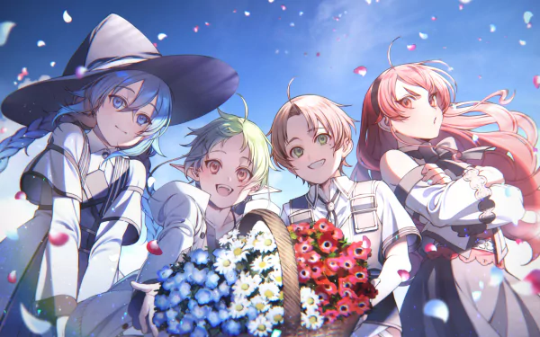 HD desktop wallpaper featuring Sylphiette, Roxy Migurdia, Eris Boreas Greyrat, and Rudeus Greyrat from the anime Mushoku Tensei: Jobless Reincarnation under a bright blue sky.