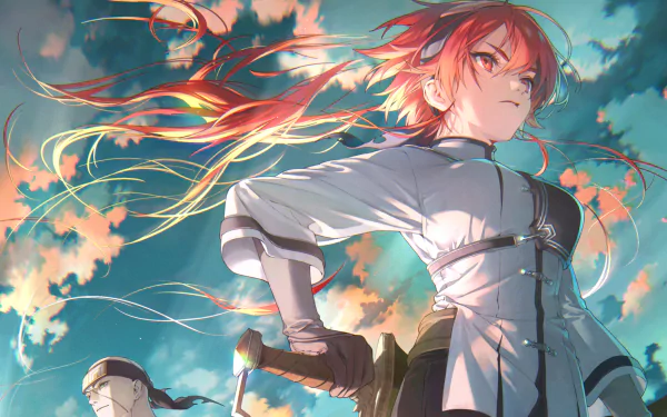 HD desktop wallpaper of Rudeus Greyrat and Eris Boreas Greyrat from the anime Mushoku Tensei: Jobless Reincarnation, featuring dynamic poses against a vibrant sky background.