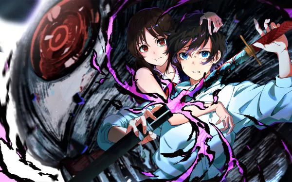 4K Ultra HD anime wallpaper featuring Rika Orimoto and Yuta Okkotsu from Jujutsu Kaisen, showcasing dynamic action and dark, intense energy effects.