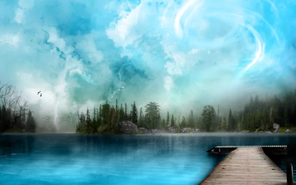 Dreamy world blending nature and artistic elements with a serene lake, misty forest, swirling sky, and a wooden dock in an HD PC desktop wallpaper and background.