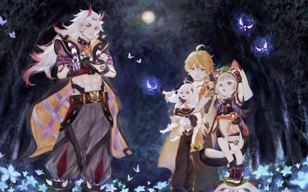 HD PC desktop wallpaper featuring Sayu, Paimon, Arataki Itto, and Aether from the video game Genshin Impact in a mystical forest setting under a full moon.