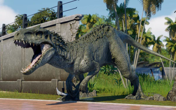 HD PC desktop wallpaper from the video game Jurassic World Evolution 2 featuring a roaring dinosaur in a lush, fenced environment.