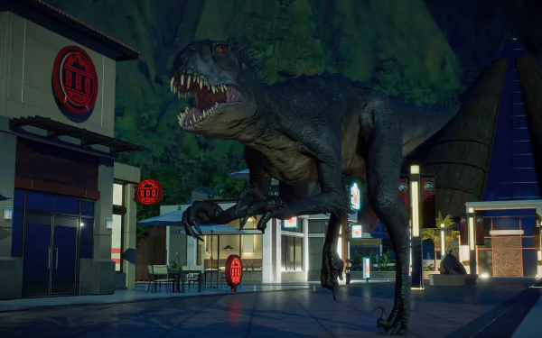 HD PC desktop wallpaper from the video game Jurassic World Evolution 2: a roaring T. rex stalks a rain-slick park walkway between lit buildings at night.