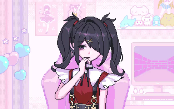 Ame-chan from Needy Girl Overdose video game in pixel-art HD PC desktop wallpaper: black twin-tail girl in red outfit poses in a pastel pink room with gaming PC and plushies.