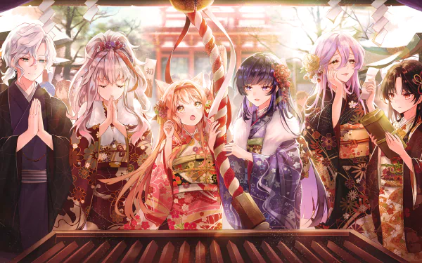 Illusion Connect video game HD PC wallpaper: Yuffie, Tiffany, Miyuki, Maki and Frantiva in ornate kimonos at a shrine offering box, bathed in warm festival light.