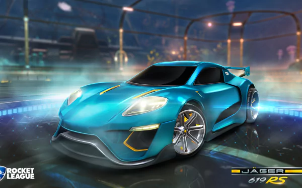 4K Ultra HD Rocket League wallpaper featuring a sleek, futuristic blue sports car on a glowing stadium field, capturing the game's dynamic racing and soccer elements.