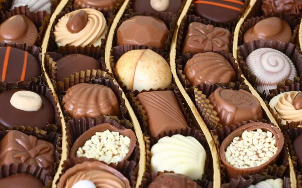 HD desktop wallpaper featuring an assortment of gourmet chocolates arranged in neat rows in a box.