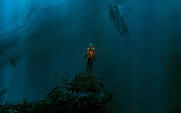 HD fantasy ocean wallpaper featuring a lone diver with a glowing light in a mystical underwater scene.