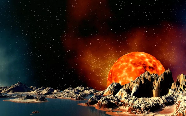 Sci-Fi HD desktop wallpaper depicting a vivid planet rise over rugged, alien terrain with a fiery orange sky and distant stars.