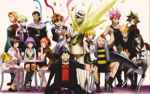HD PC desktop wallpaper and background featuring Black Cat (Anime) characters — anime group portrait of the colorful cast posing with confetti and ribbons.