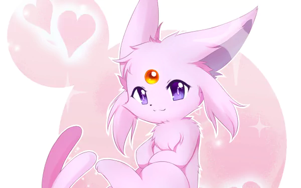 HD anime-style wallpaper of Espeon, the Psychic-type Pokémon, featuring soft pink hues and heart motifs, designed as a vibrant PC desktop background.