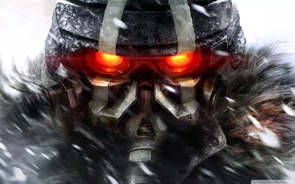A captivating HD desktop wallpaper from Killzone 3, featuring a menacing character with glowing red eyes, surrounded by a snowy, atmospheric backdrop.