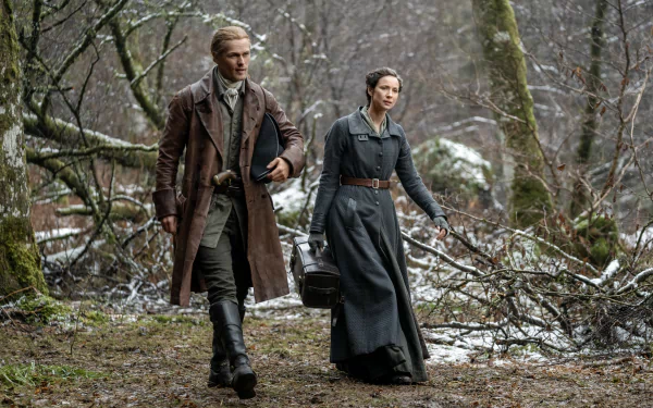 Sam Heughan Jamie Fraser Claire Fraser Caitriona Balfe TV Show Outlander HD Desktop Wallpaper | Background Image